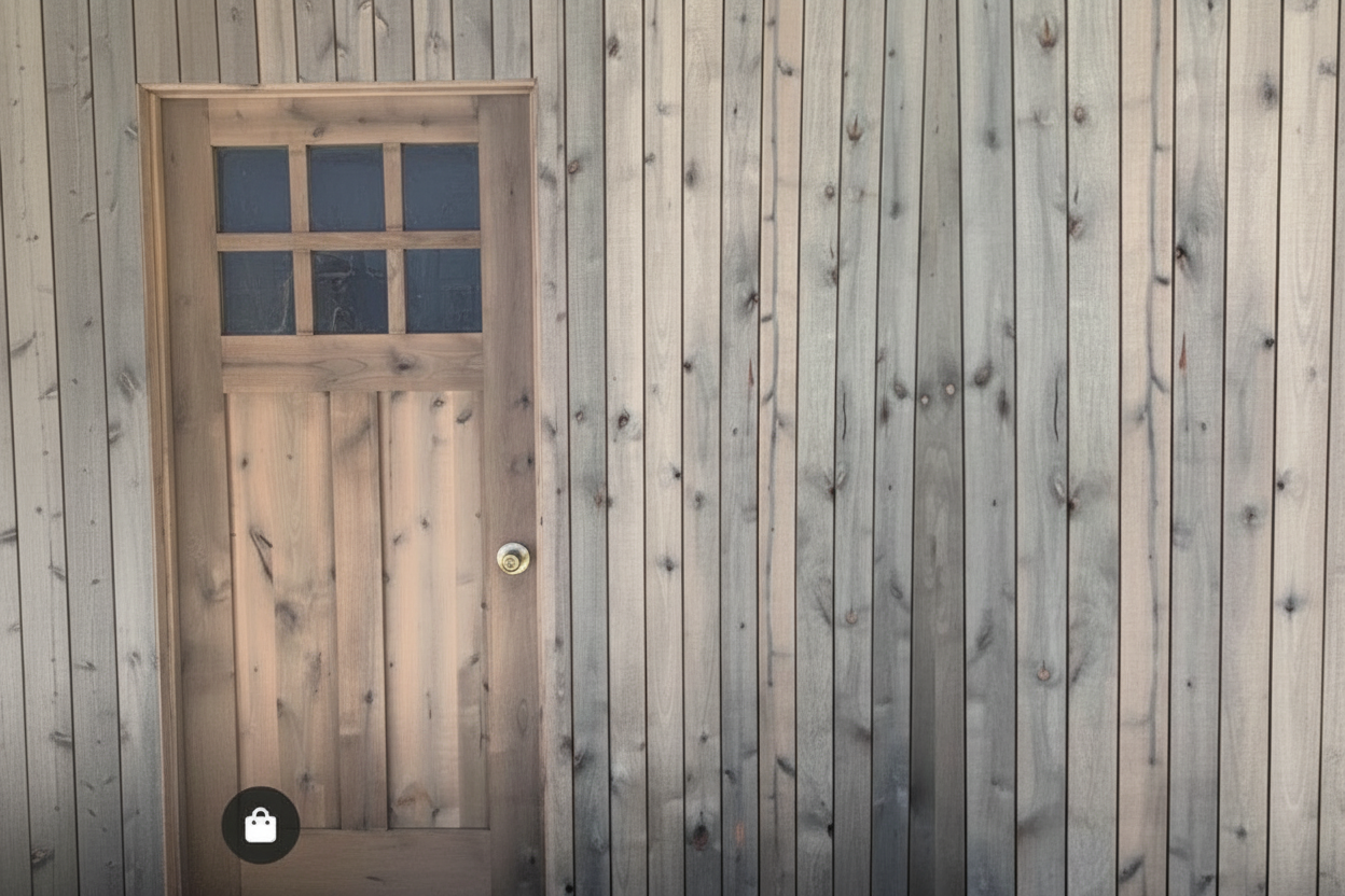 Wooden door with glass panels on a wooden wall